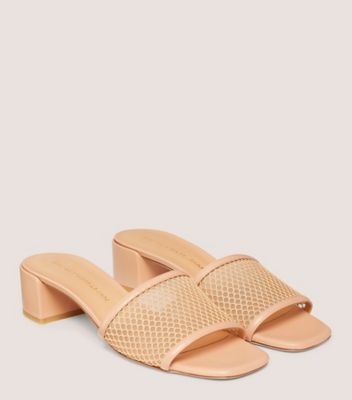 Stuart Weitzman,CAYMAN 35 BLOCK SLIDE,Slide,Open mesh & smooth leather,Ginger,Angle View