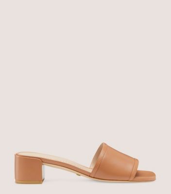 Stuart Weitzman,CAYMAN 35 BLOCK SLIDE,Slide,Lacquered Nappa Leather,Tan,Front View