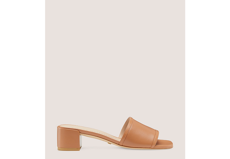 Stuart Weitzman,CAYMAN 35 BLOCK SLIDE,Slide,Lacquered Nappa Leather,Tan,Front View