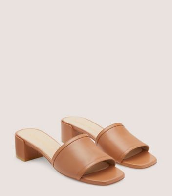 Stuart Weitzman,CAYMAN 35 BLOCK SLIDE,Slide,Lacquered Nappa Leather,Tan,Angle View