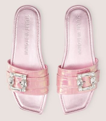 Stuart Weitzman,Saint Tropez Flat Slide,Slide,Iridescent soft croc leather,Cotton Candy Ice,Top View