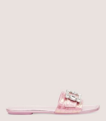 Stuart Weitzman,Saint Tropez Flat Slide,Slide,Iridescent soft croc leather,Cotton Candy Ice