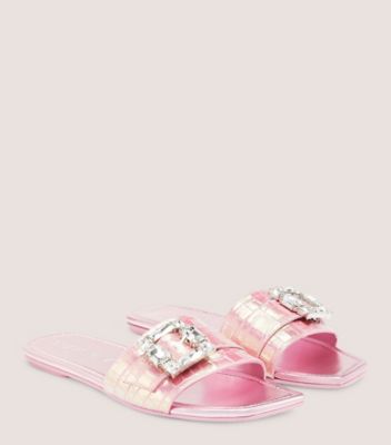 Stuart Weitzman,Saint Tropez Flat Slide,Slide,Iridescent soft croc leather,Cotton Candy Ice,Angle View