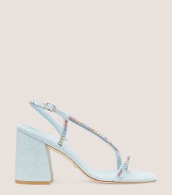 Stuart Weitzman,Sandale à talon bloc avec cristaux Soiree 85,Sandal,Denim rétro et cristal,Denim délavé pâle et cristal