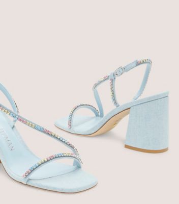 Stuart Weitzman,SOIREE CRYSTAL 85 BLOCK SANDAL,Denim,Sandals,Crystal,Rhinestones,Cocktail,,Detailed View