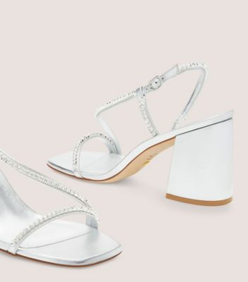 Stuart Weitzman,Soiree Crystal 85 Block Sandal,Sandal,Liquid metallic & crystal,Silver & Clear,Detailed View