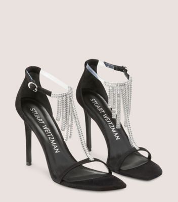 Stuart Weitzman,NUDISTCURVE SUPERGLAM 100 SANDAL,Suede,Leather,Sandals,Crystal,PVC,Embellished,Fringe,Rhinestones,Cocktail,Black