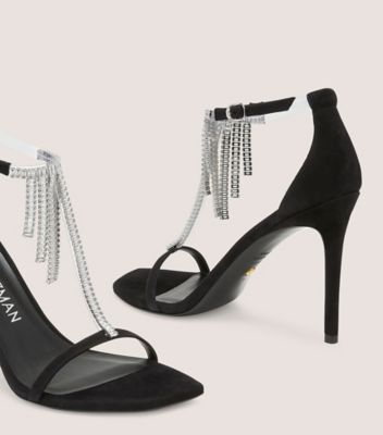 Stuart Weitzman,NUDISTCURVE SUPERGLAM 100 SANDAL,Suede,Leather,Sandals,Crystal,PVC,Embellished,Fringe,Rhinestones,Cocktail,Black