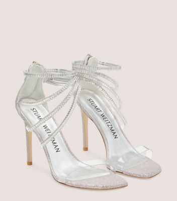 Stuart Weitzman,SUPERGLAM 100 STRAP SANDAL,Leather,Sandals,PVC,Crystal,Sheer,Rhinestones,Embellished,Formal,Multi Color,Metallic