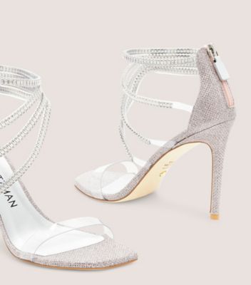 Stuart Weitzman,SUPERGLAM 100 STRAP SANDAL,Leather,Sandals,PVC,Crystal,Sheer,Rhinestones,Embellished,Formal,Multi Color,Metallic