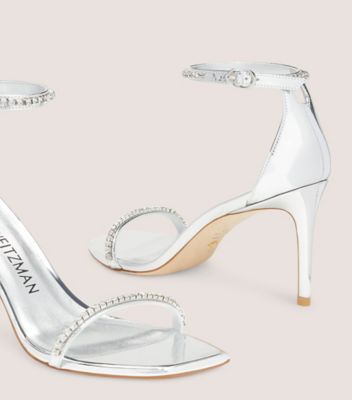 Stuart Weitzman,NUDISTCURVE GLAM II 85 SANDAL,Leather,Sandals,Crystal,Rhinestones,Formal,Metallic,Silver,Detailed View