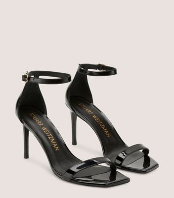 Stuart Weitzman,NUNAKEDCURVE 85 SANDAL,Sandal,Patent leather,Black,Angle View