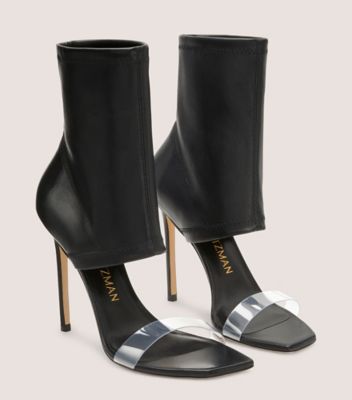 Stuart Weitzman,FRONTROW STRETCH BOOTIE,Nappa Leather,Sandals,PVC,Mixed Media,Sheer,Party,Black