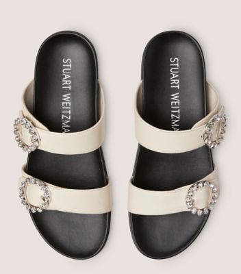 Stuart Weitzman,BLINGRING BUCKLE SPORT SLIDE,Leather,Rubber,Slides,Rhinestones,Silver Metal,Casual,Cream
