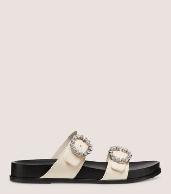 Stuart Weitzman,BLINGRING BUCKLE SPORT SLIDE,Slide,Smooth leather,Seashell & black,Front View