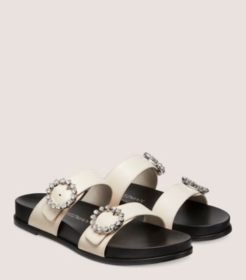 Stuart Weitzman,BLINGRING BUCKLE SPORT SLIDE,Leather,Rubber,Slides,Rhinestones,Silver Metal,Casual,Cream