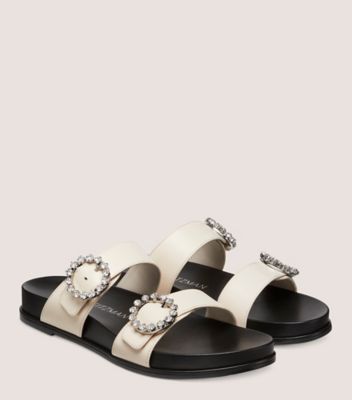 Stuart Weitzman,BLINGRING BUCKLE SPORT SLIDE,Slide,Smooth leather,Seashell & black,Angle View