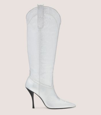 Stuart Weitzman,OUTWEST 100 BOOT,Leather,Rubber,Western,Pull Tab,Day Party,Metallic,White