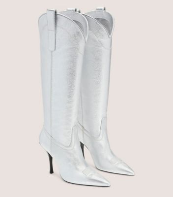 Stuart Weitzman,OUTWEST 100 BOOT,Leather,Rubber,Western,Pull Tab,Day Party,Metallic,White,Angle View