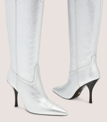 Stuart Weitzman,Botte Outwest 100,Boot,Cuir galet métallisé,Argent