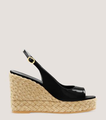 Stuart Weitzman,Espadrille à talon compensé Island Peep-Toe,Sandal,Cuir verni et jute,Noir et naturel,Front View