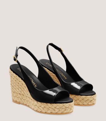 Stuart Weitzman,Island Peep-Toe Espadrille Wedge,Sandal,Patent leather & jute,Black & Natural,Angle View