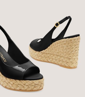 Stuart Weitzman,ISLAND PEEP-TOE ESPADRILLE WEDGE,Jute,Rubber,Leather,Espadrilles,Sandals,Day Party,Black,Detailed View