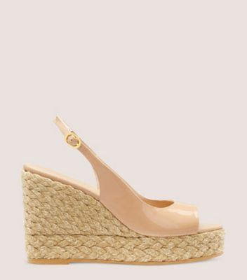 Stuart Weitzman,Island Peep-Toe Espadrille Wedge,Sandal,Patent leather & jute,Adobe & Natural,Front View