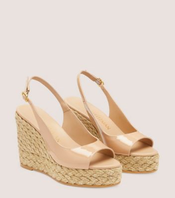 Stuart Weitzman,Island Peep-Toe Espadrille Wedge,Sandal,Patent leather & jute,Adobe & Natural,Angle View