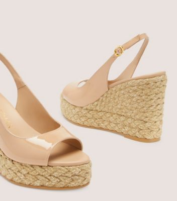 Stuart Weitzman,Espadrille à talon compensé Island Peep-Toe,Sandal,Cuir verni et jute,Adobe et naturel