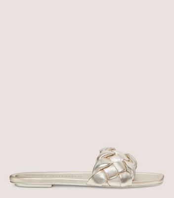 Stuart Weitzman,BRAIDA FLAT SLIDE,Leather,Rubber,Slides,Braided,Casual,Metallic,Silver,Front View