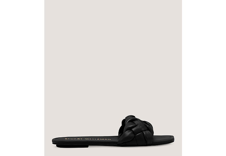 Stuart Weitzman,BRAIDA FLAT SLIDE,Slide,Lacquered Nappa Leather,Black,Front View