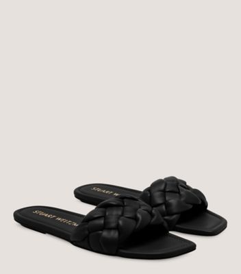 Stuart Weitzman,BRAIDA FLAT SLIDE,Slide,Lacquered Nappa Leather,Black,Angle View