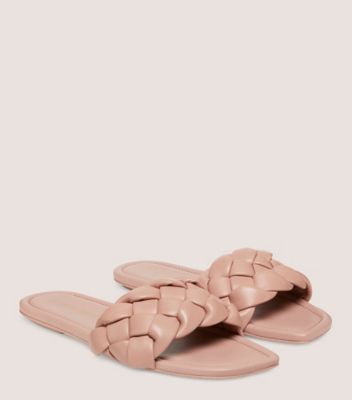 Stuart Weitzman,BRAIDA FLAT SLIDE,Slide,Lacquered Nappa Leather,Clay,Angle View