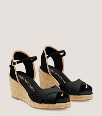 Stuart Weitzman,Mirela II Espadrille Wedge,Sandal,Poplin canvas & jute,Black & Natural,Angle View