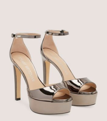 Stuart Weitzman,Discoplatform Sandal,Sandal,Specchio leather,Gunmetal,Angle View