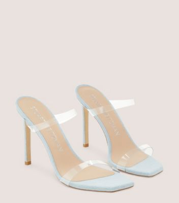 Stuart Weitzman,Aleena 100,PVC & vintage denim,Clear & Light Wash Denim,Angle View