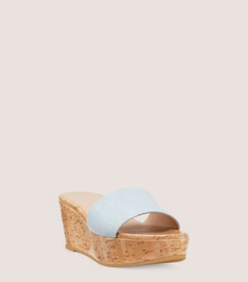 Stuart Weitzman,Summer Wedge,Slide,Vintage denim & cork,Light Wash Denim,Side View