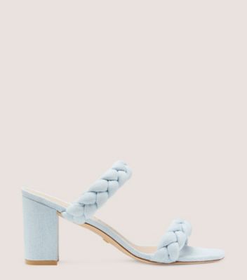 Stuart Weitzman,BRAIDA ALEENA 75 BLOCK SANDAL,Denim,Leather,Rubber,Slides,Braided,Day Party,Blue,Front View