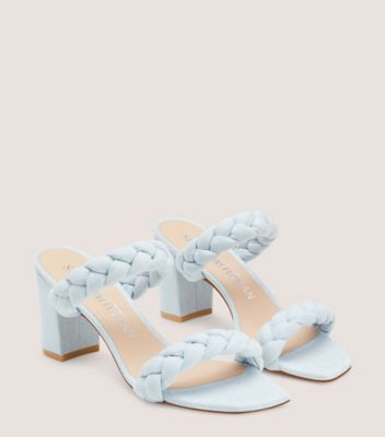Stuart Weitzman,BRAIDA ALEENA 75 BLOCK SANDAL,Denim,Leather,Rubber,Slides,Braided,Day Party,Blue,Angle View