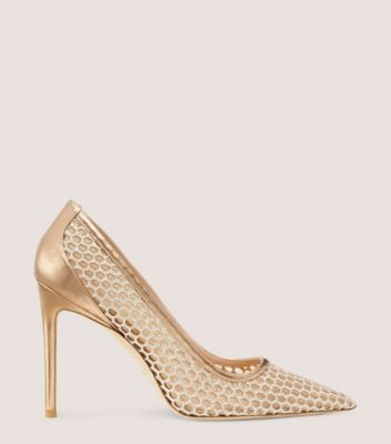 Stuart Weitzman,Stuart 100 Pump,Pump,Glitter mesh & liquid metallic leather,Platino & Gold