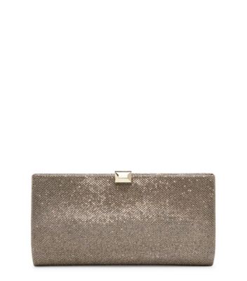 Stuart Weitzman,THE VIP CLUTCH,Satin,Minaudiere,Rhinestones,Silver Metal,Formal,Bronze,Front View