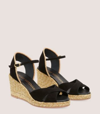 Stuart Weitzman,MIRELA II ESPADRILLE WEDGE,Suede,Jute,Leather,Rubber,Sandals,Espadrilles,Piping,Day Party,Black,Angle View