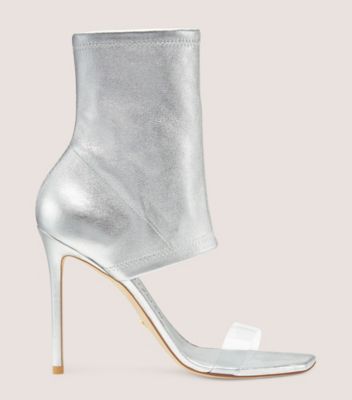 Stuart Weitzman,FRONTROW STRETCH BOOTIE,Nappa Leather,Sandals,PVC,Mixed Media,Sheer,Party,Metallic,Silver