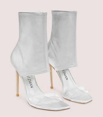 Stuart Weitzman,Frontrow Stretch Bootie,Bootie,Metallic nappa leather & PVC,Silver & Clear,Angle View
