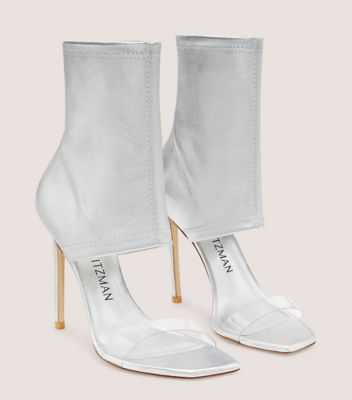 Stuart Weitzman,FRONTROW STRETCH BOOTIE,Nappa Leather,Sandals,PVC,Mixed Media,Sheer,Party,Metallic,Silver