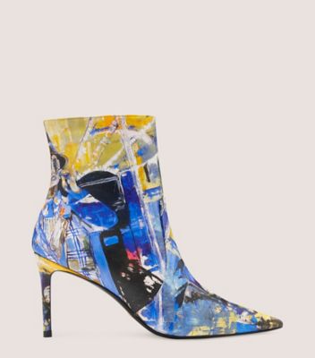 Stuart Weitzman,SW x KidSuper Stuart 85 Zip Bootie,Bootie,Printed smooth calf leather,Blue Multi,Front View