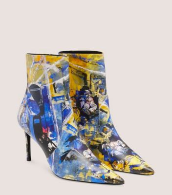 Stuart Weitzman,SW x KidSuper Stuart 85 Zip Bootie,Bootie,Printed smooth calf leather,Blue Multi,Angle View