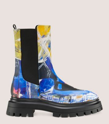 Stuart Weitzman,SW x KidSuper Bedford Bootie,Bootie,Printed smooth calf leather,Blue Multi,Front View