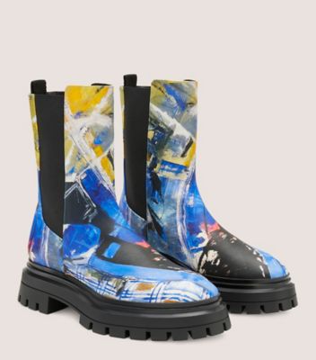 Stuart Weitzman,SW x KidSuper Bedford Bootie,Bootie,Printed smooth calf leather,Blue Multi,Angle View